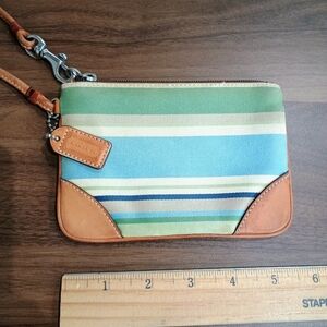Coach Striped Leather Wristlet - Green and Tan